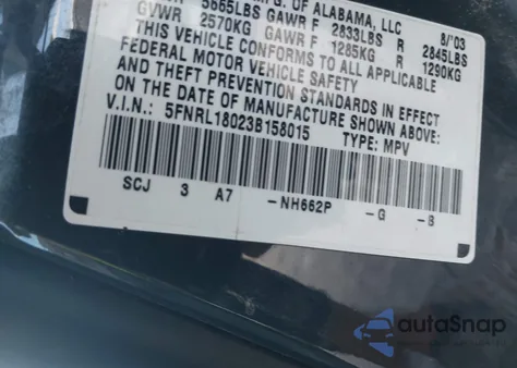 2003 Honda Odyssey Ex-L from USA, damaged, VIN 5FNRL18023B158015